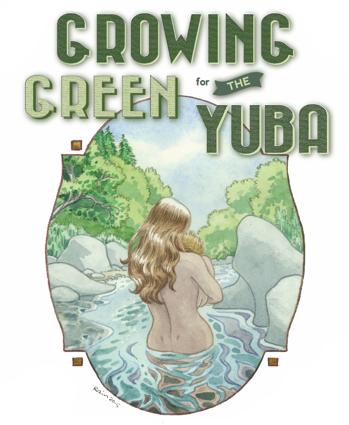 Poster for Growing Green for the Yuba with woman holding child swimming in the Yuba river