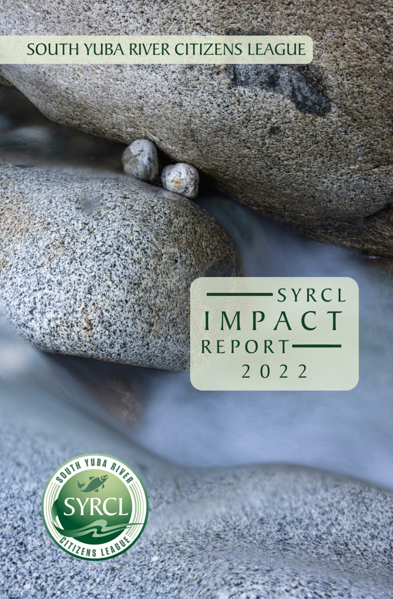 cover of SYRCL's 2022 Impact Report featuring rocks and a flowing river