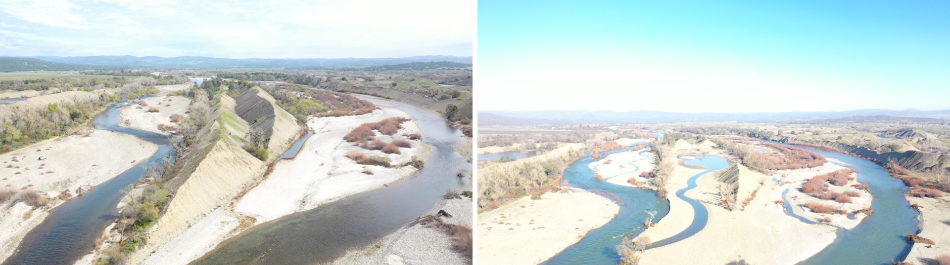 Looking upstream at Hallwood Restoration Phase 2 work area, pre-project 2021 (left) and post-project in February 2023 (right).